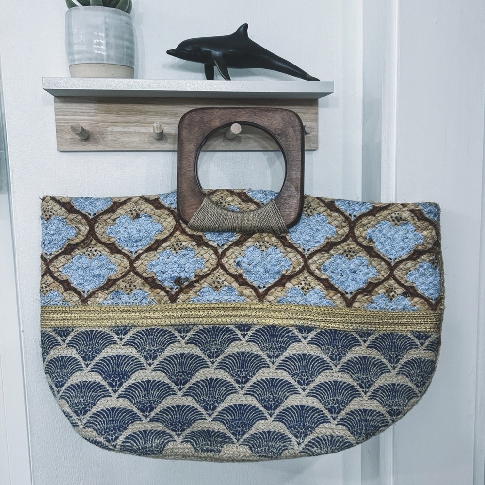 Boho Antik Kraft Woven Tote Bag with Wooden Handle